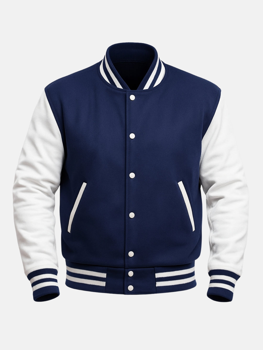 Man wearing navy and white varsity jacket with striped collar and white snaps, size Medium