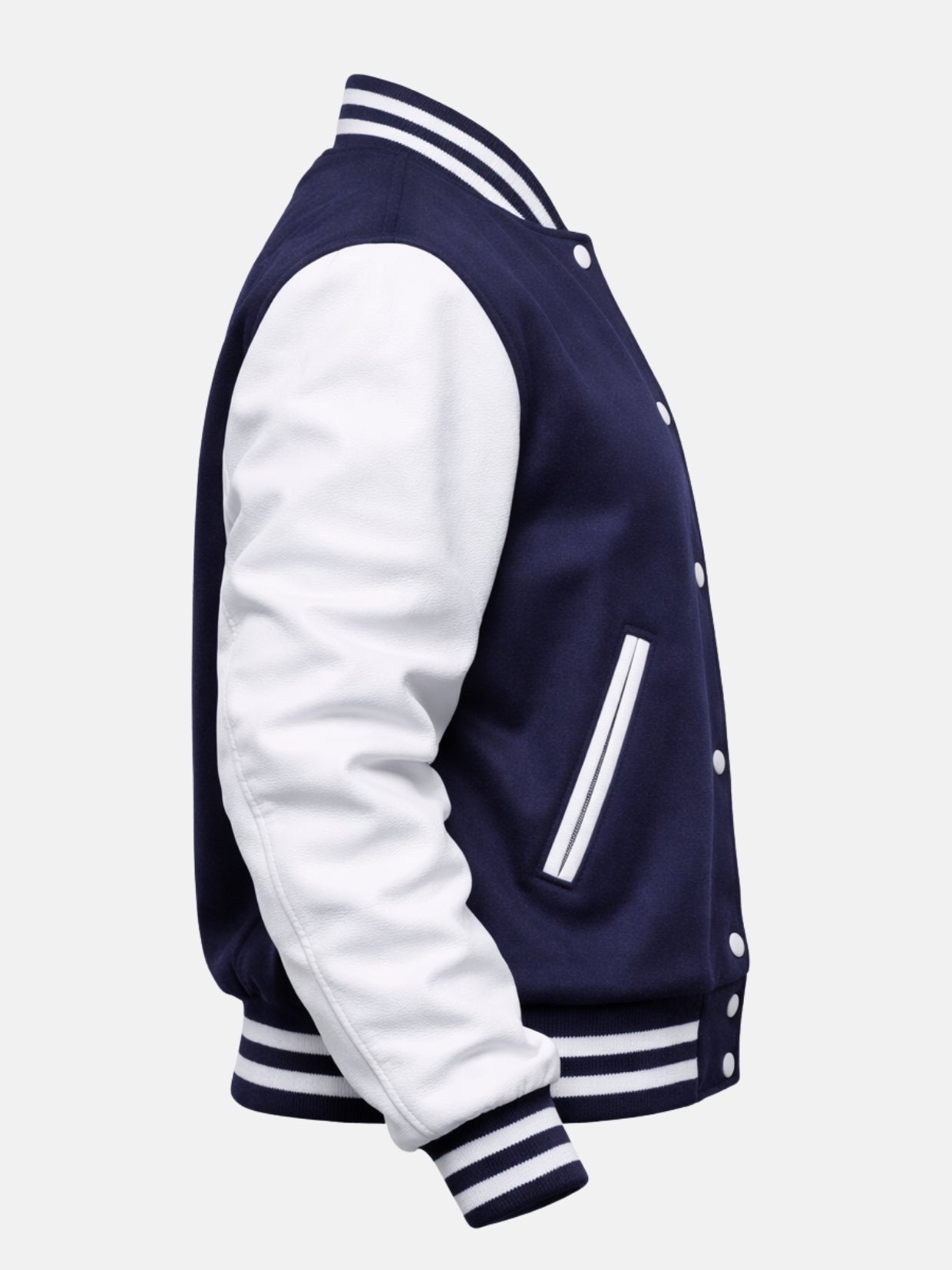 Side flat view of navy varsity jacket showing white welt trim and striped hem