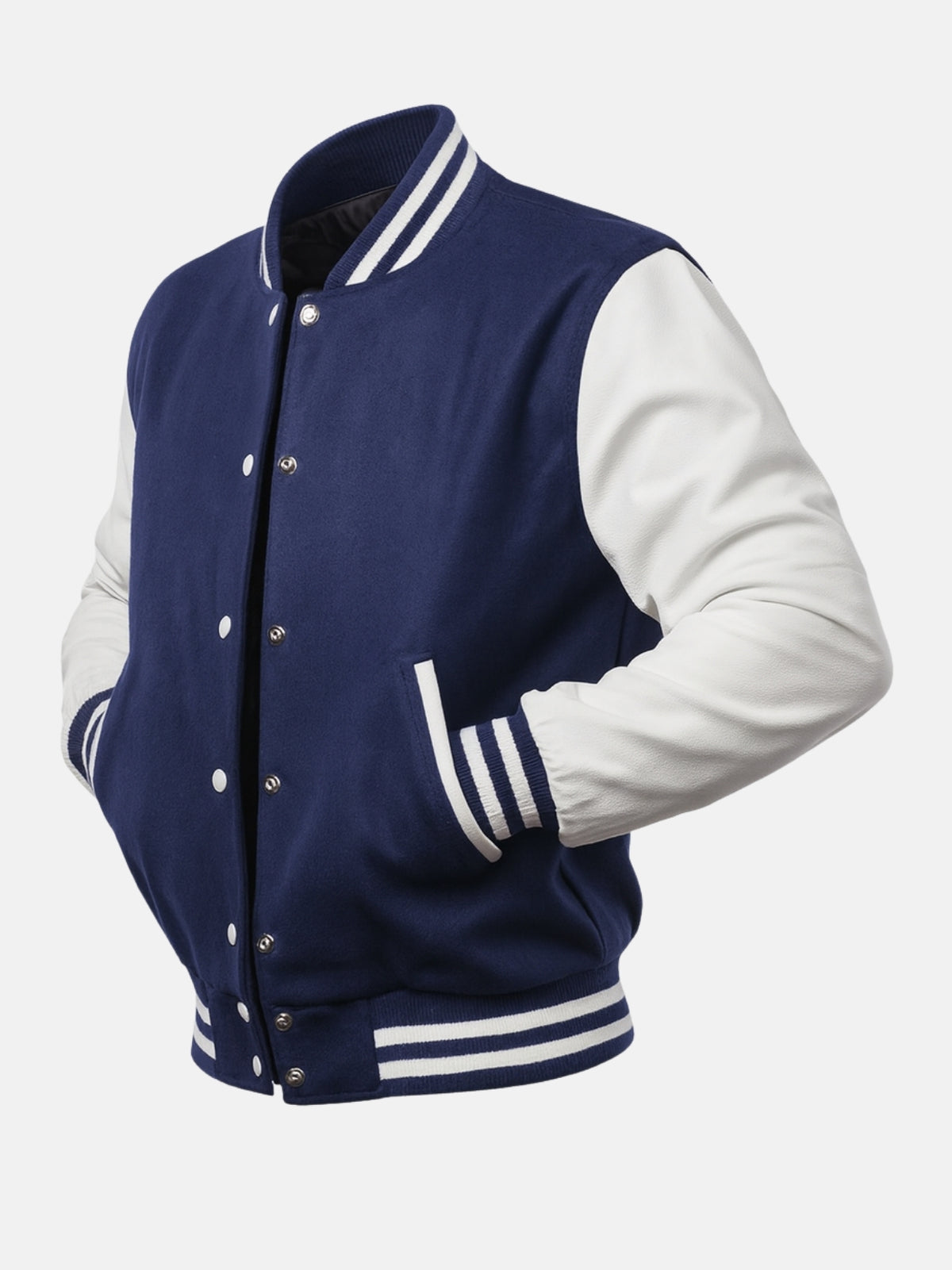 Navy and white letterman jacket with hands in welt pockets, three-quarter view
