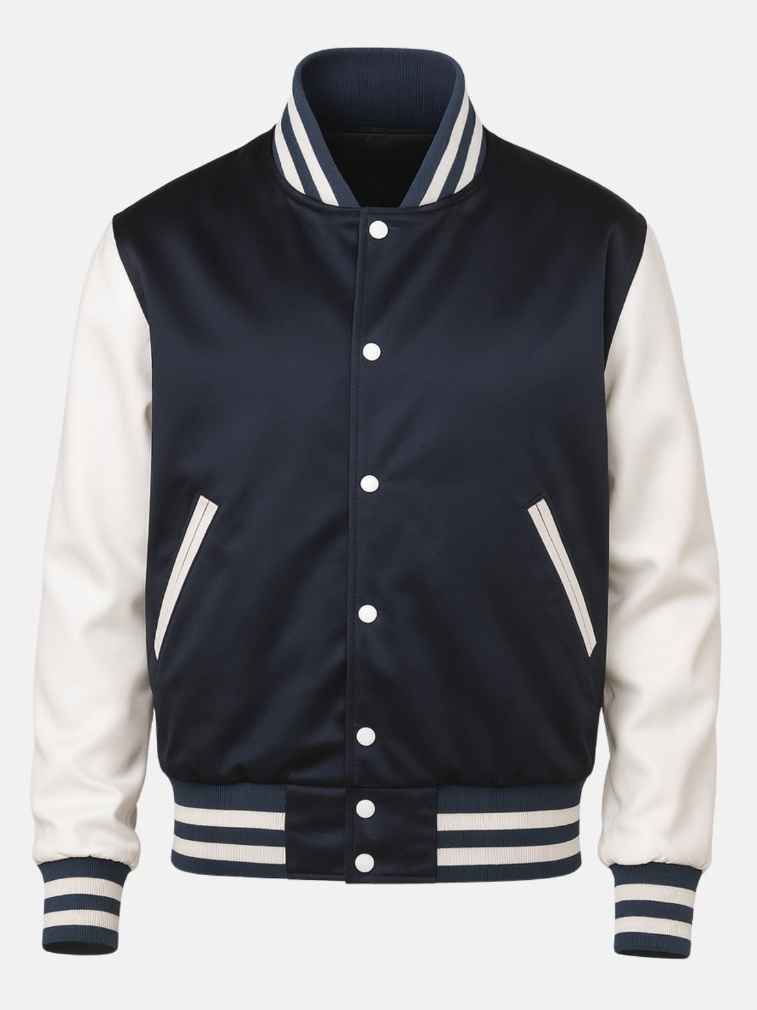 Man wearing a navy satin varsity jacket with white sleeves and striped rib trims, front view