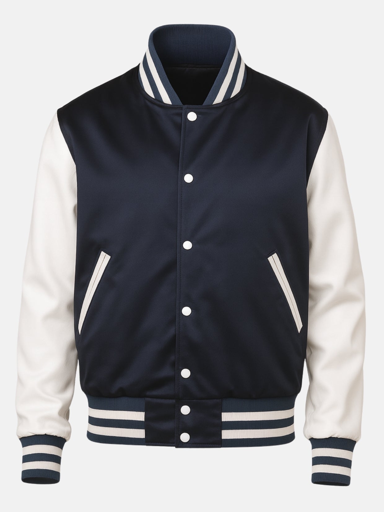Navy satin varsity jacket flat front with white snap placket and slanted welt pockets