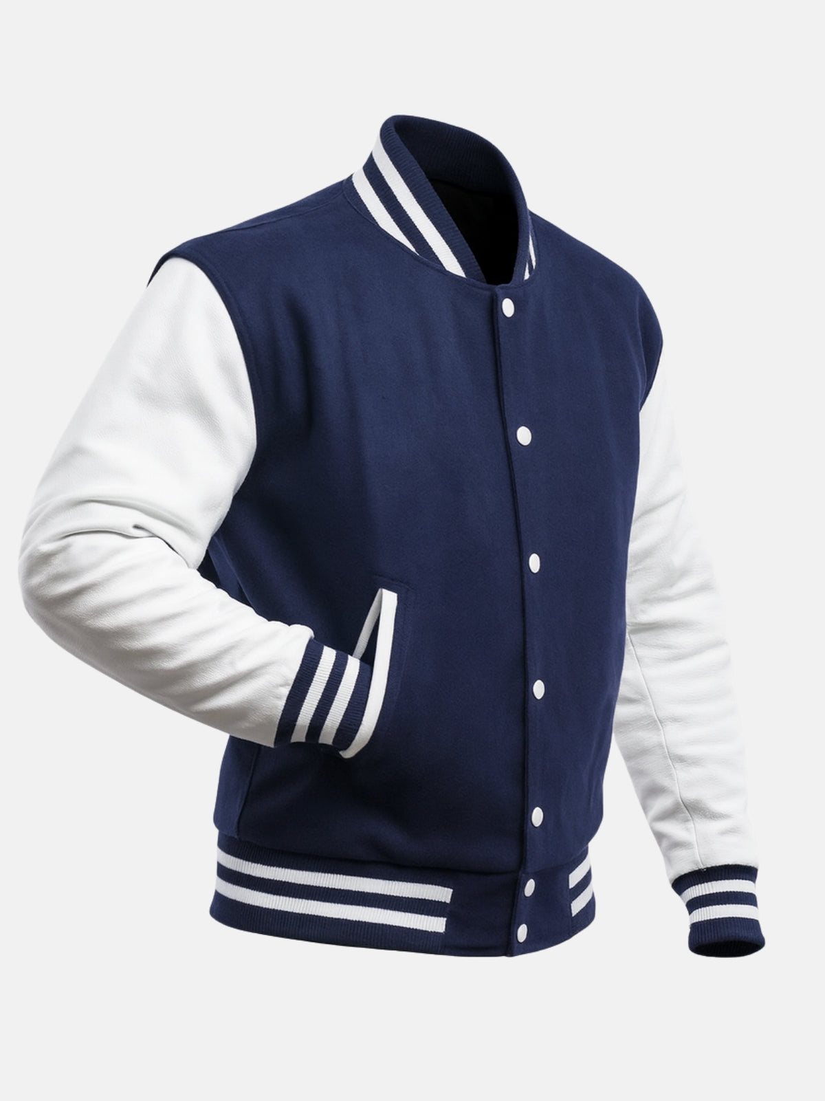 Angled view of navy varsity jacket with white leather sleeves and striped cuffs