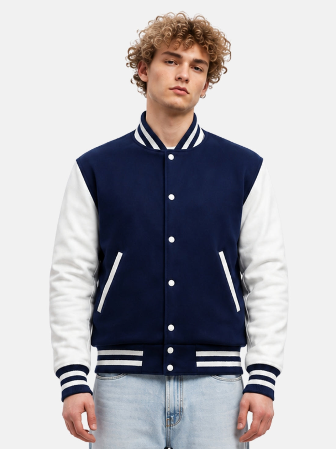Man wearing navy and white varsity jacket with striped collar and white snaps, size Medium