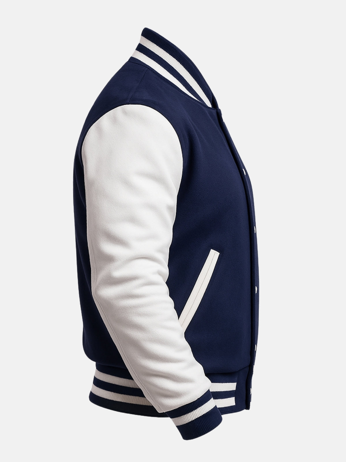 White-piped welt pocket on navy melton wool varsity jacket, side profile