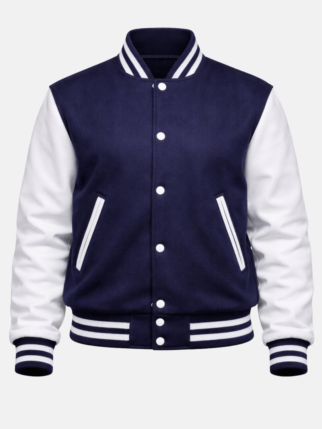 Woman wearing a navy varsity jacket with white leather sleeves and striped rib trims