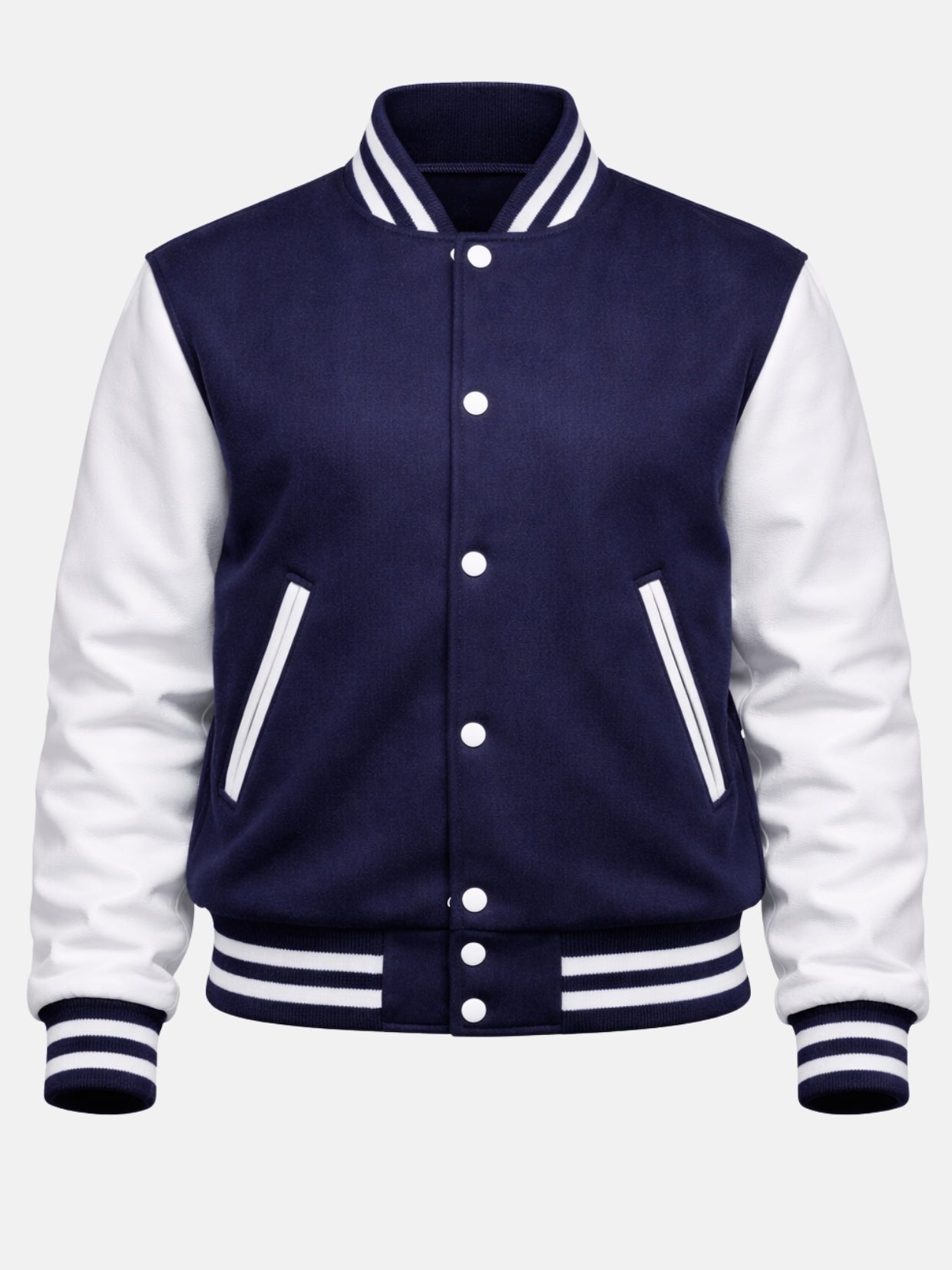 Navy varsity jacket flat front with white snaps and white-trimmed welt pockets