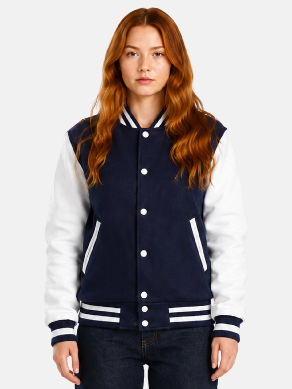 Woman wearing a navy varsity jacket with white leather sleeves and striped rib trims