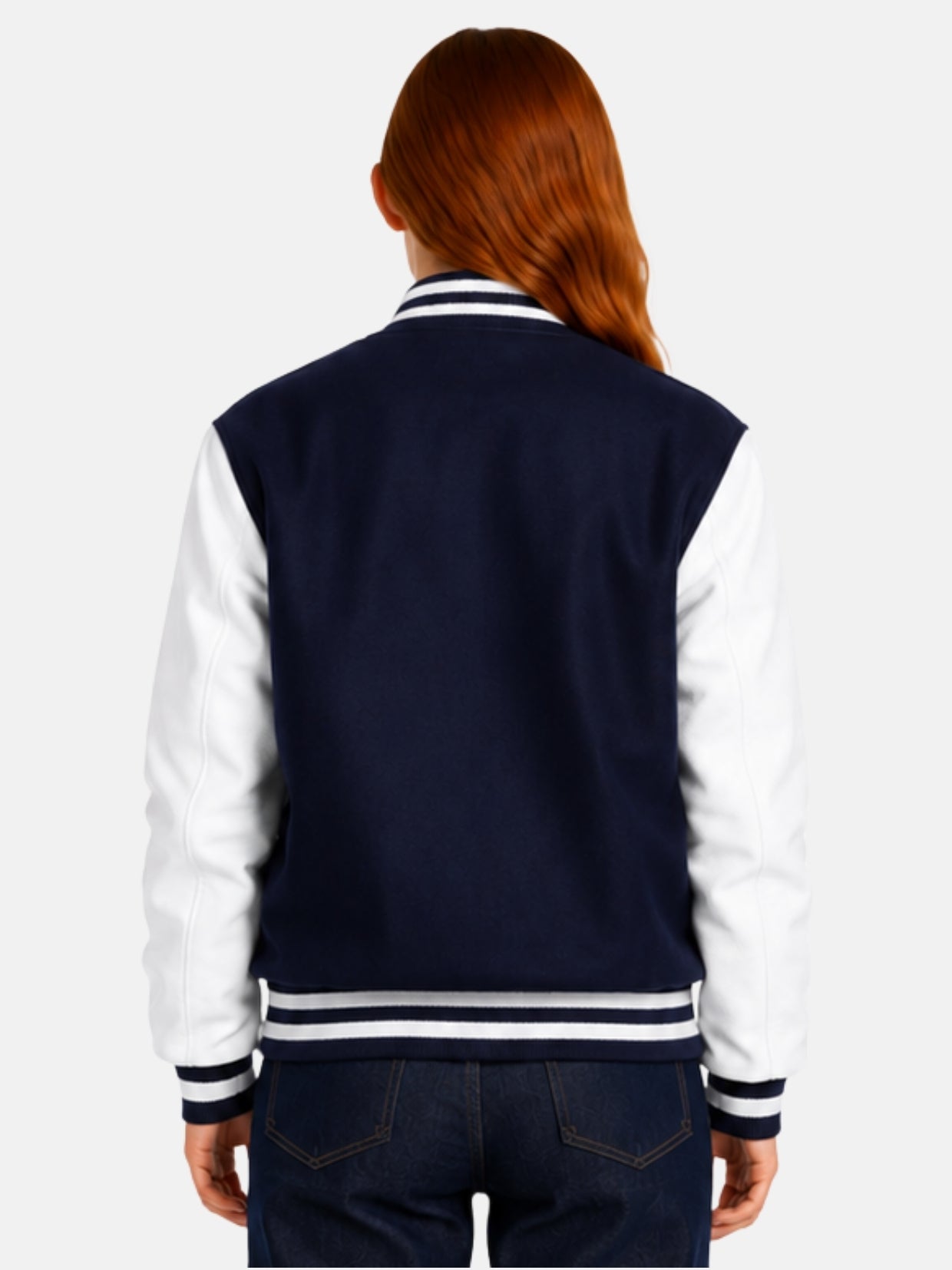 Back view of womens navy varsity jacket with white sleeves and clean back panel
