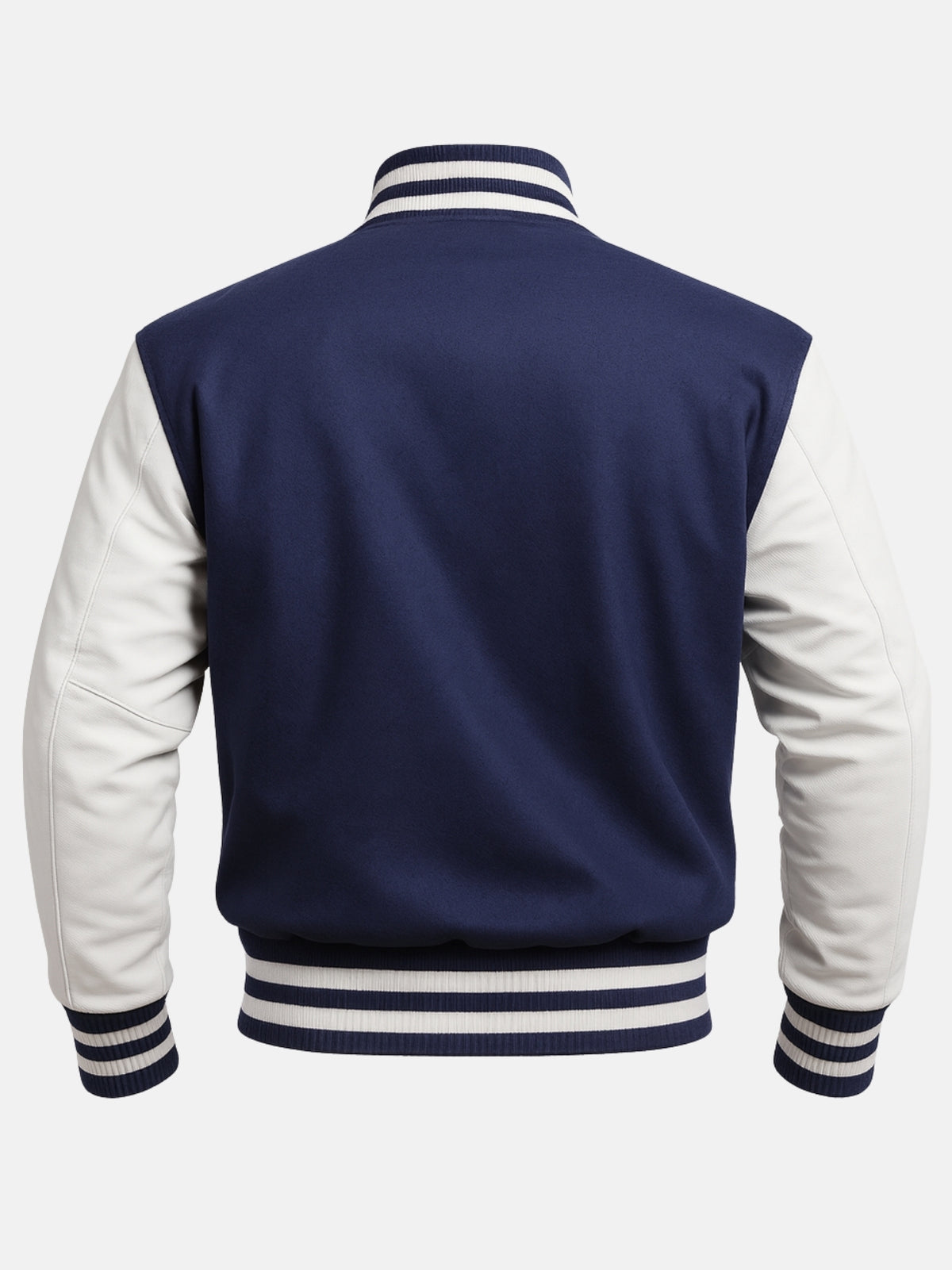 Blank navy back of varsity jacket with white leather sleeves, ready for custom patches