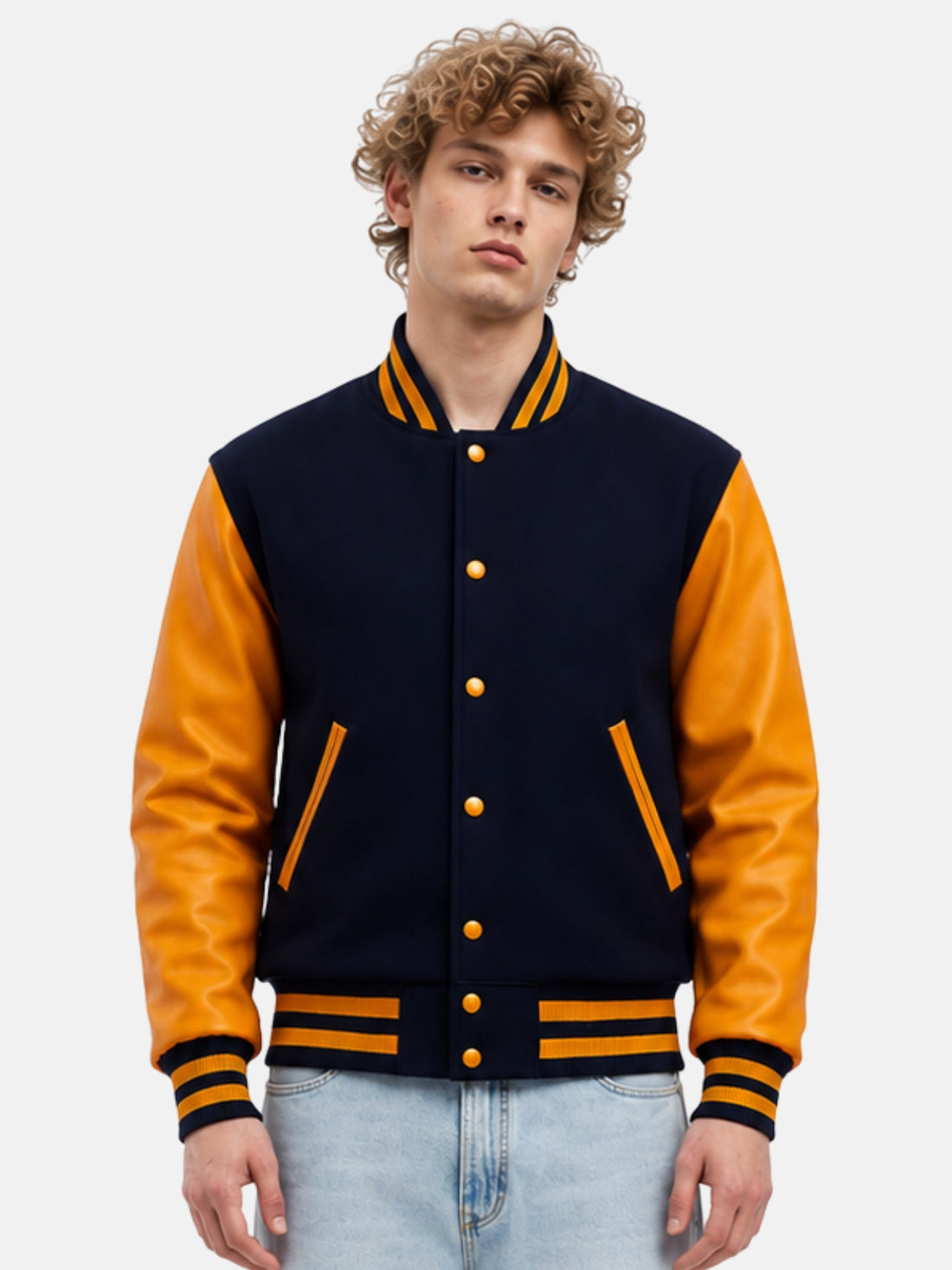 Man wearing navy wool varsity jacket with gold leather sleeves and striped rib-knit collar, size Medium
