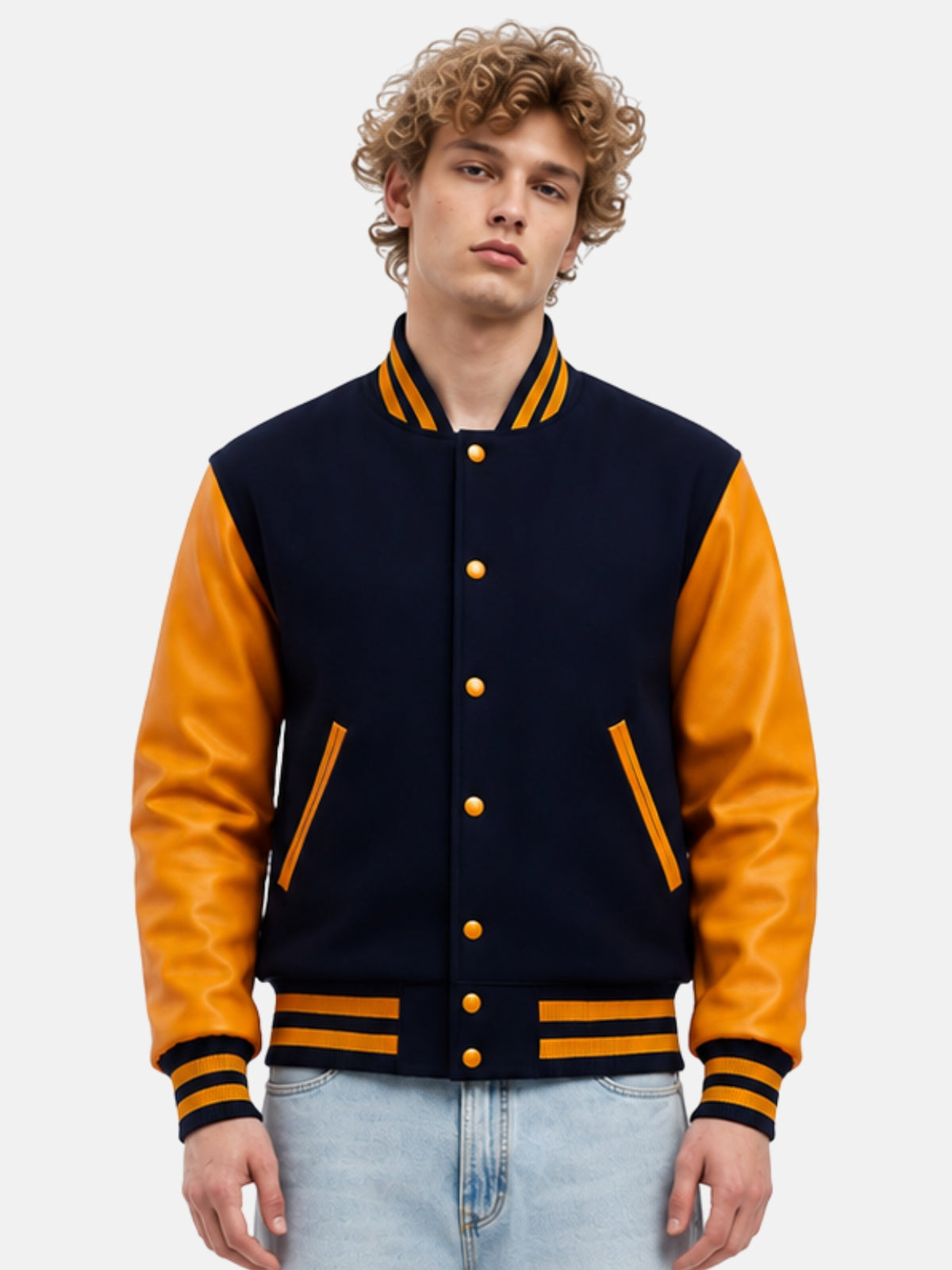 Man wearing navy wool varsity jacket with gold leather sleeves and striped rib-knit collar, size Medium