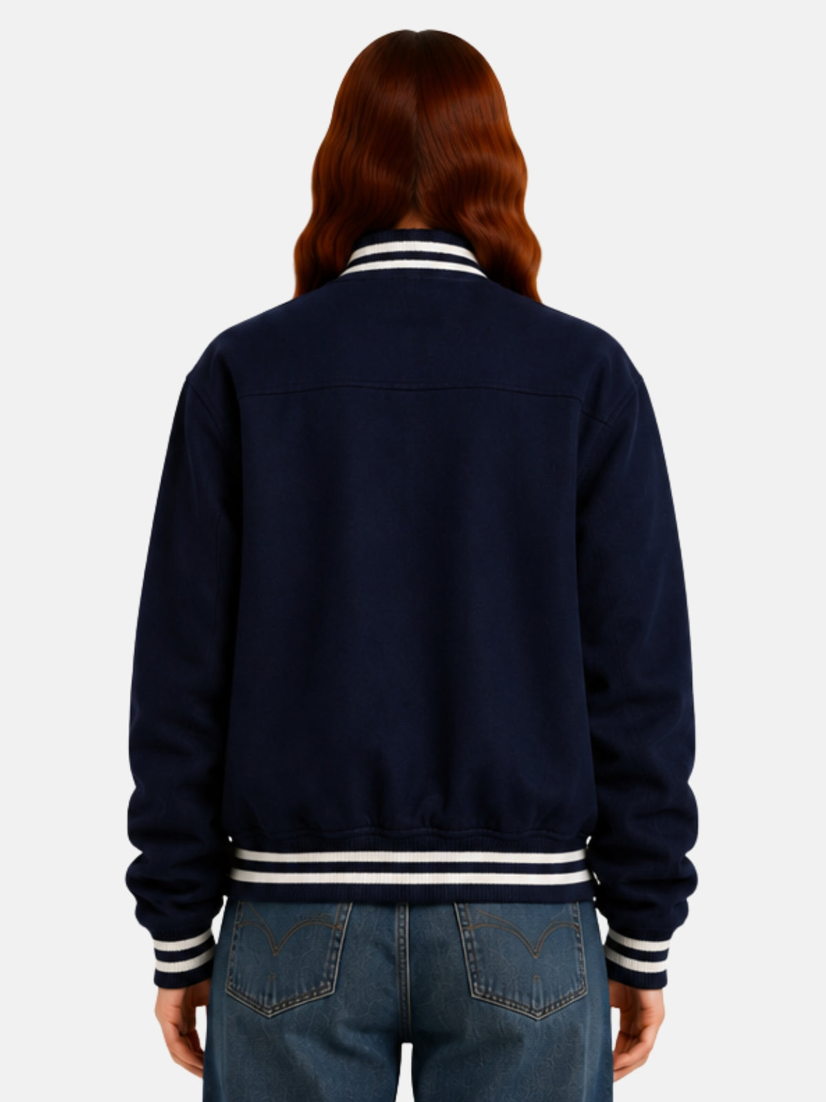 Back view of navy wool letterman jacket with cream striped ribbing