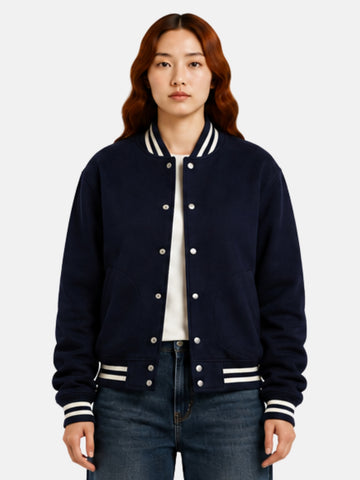 Navy wool letterman jacket with cream wool-blend ribbed collar on model