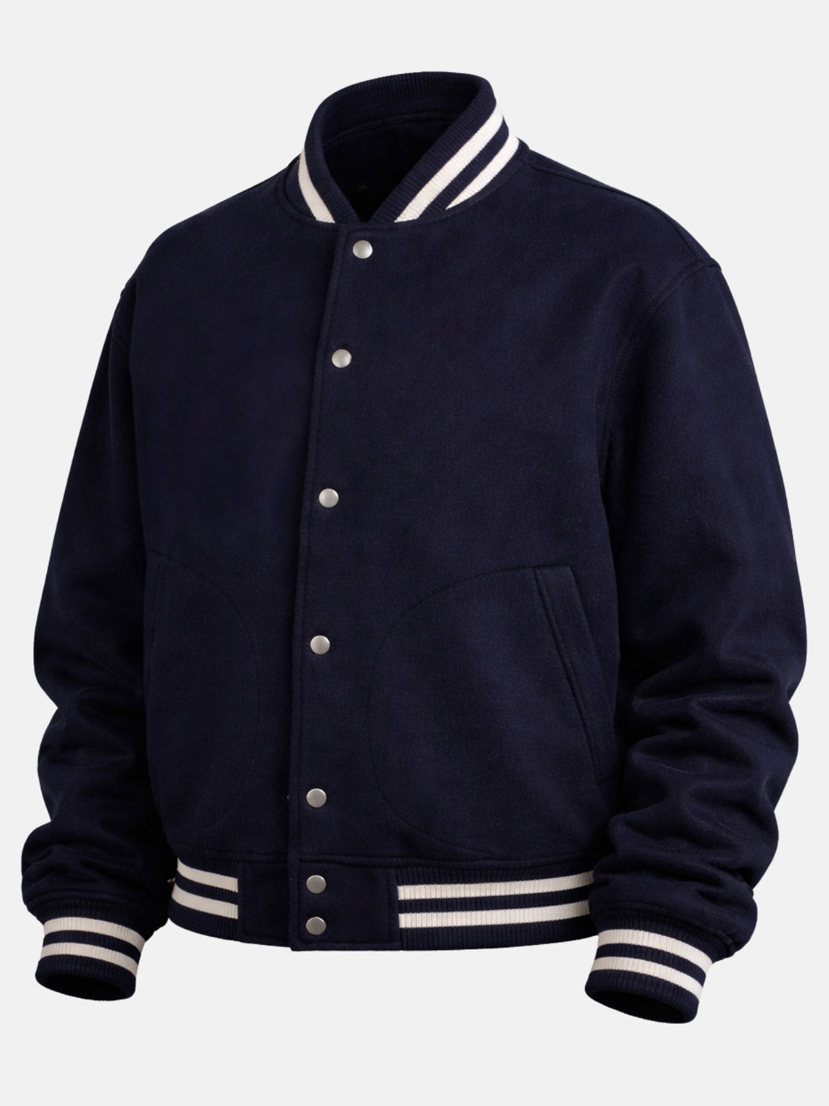 Flat lay front of navy wool jacket showing full snap placket and trim