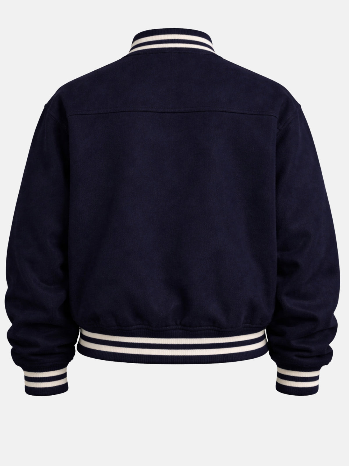 Flat lay back of navy wool jacket showing the solid back panel