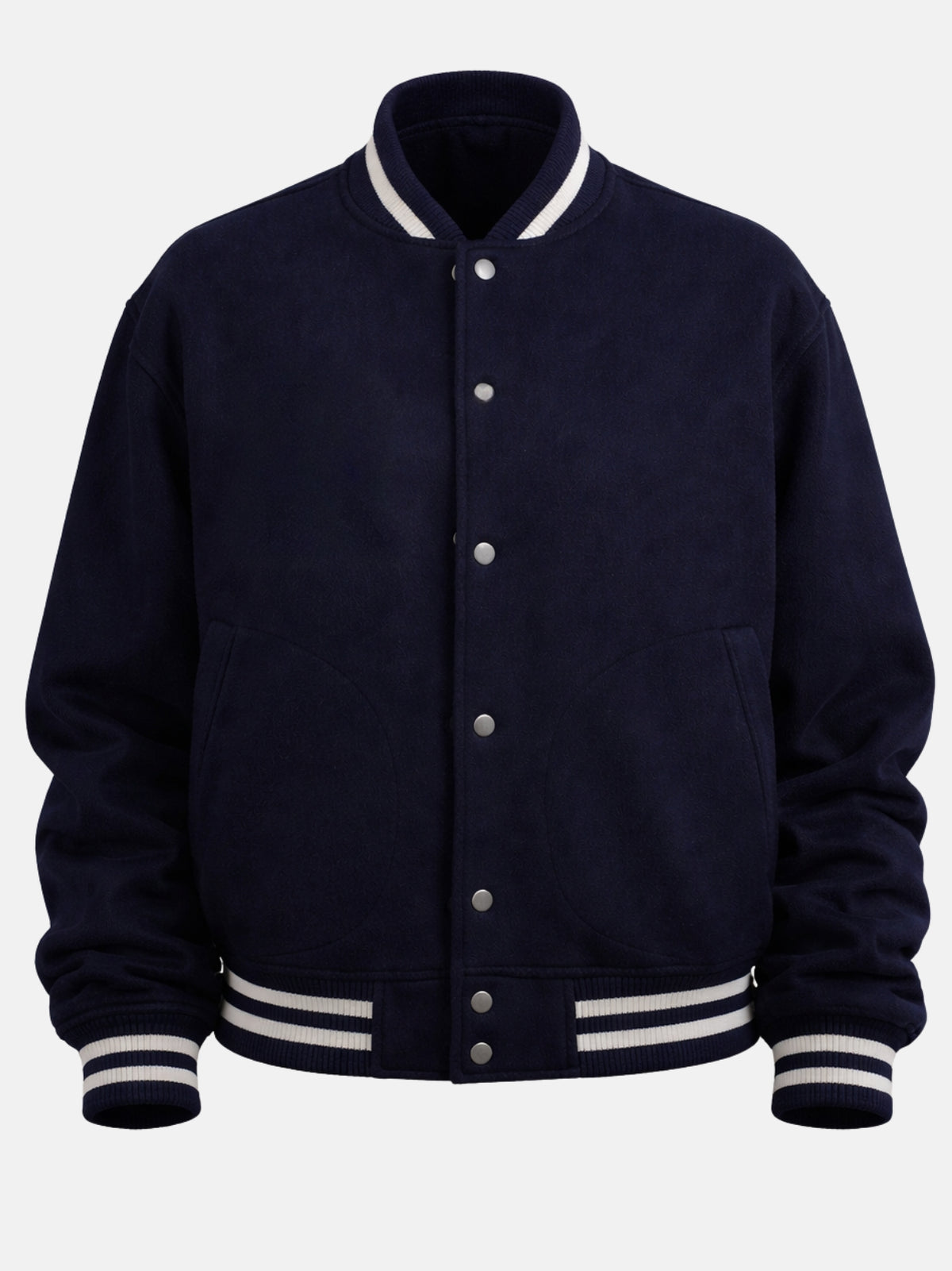 Flat lay of navy wool jacket with cream ribbed trim and silver snaps