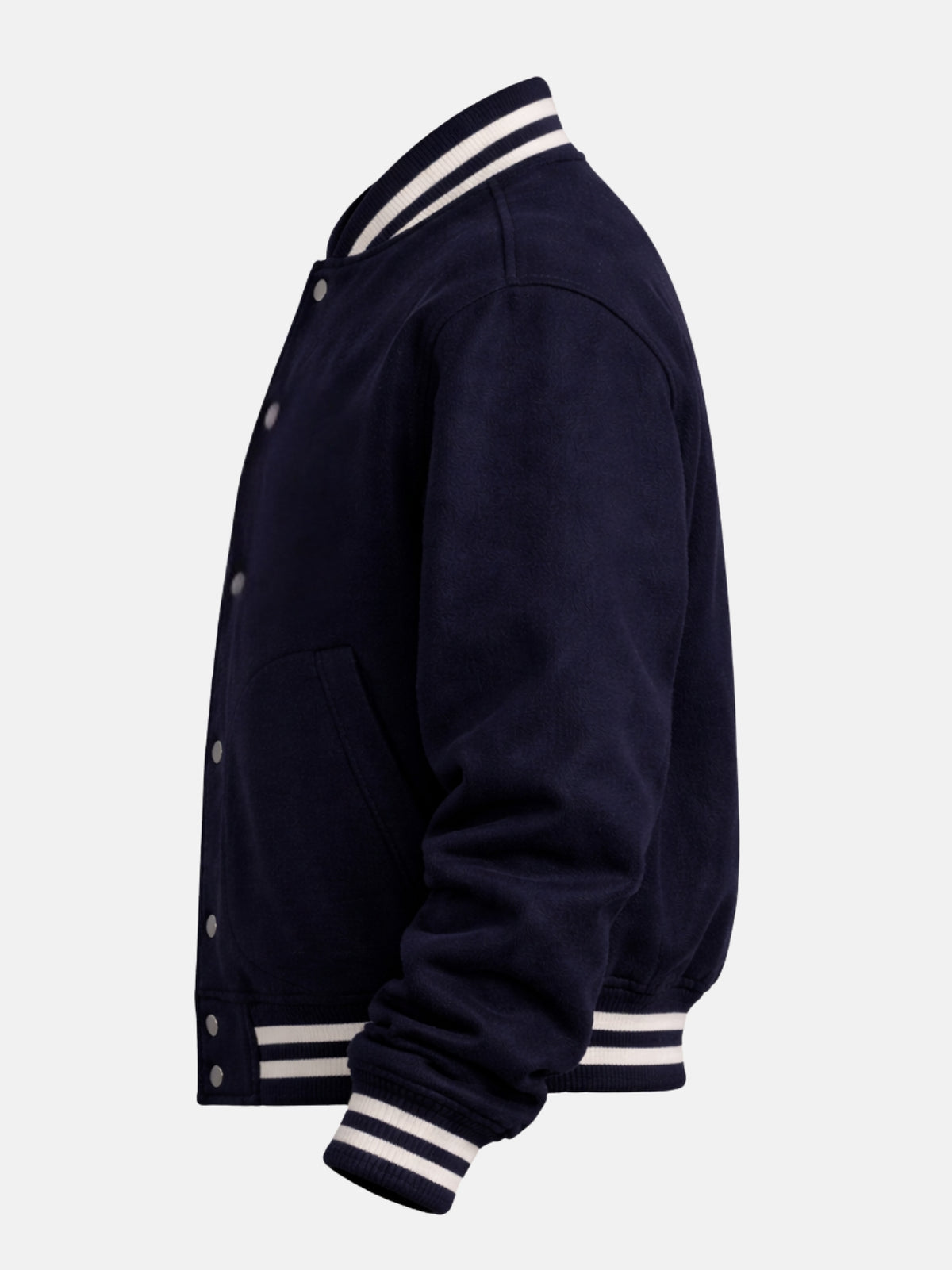 Flat lay side view of navy wool jacket showing the curved pocket line