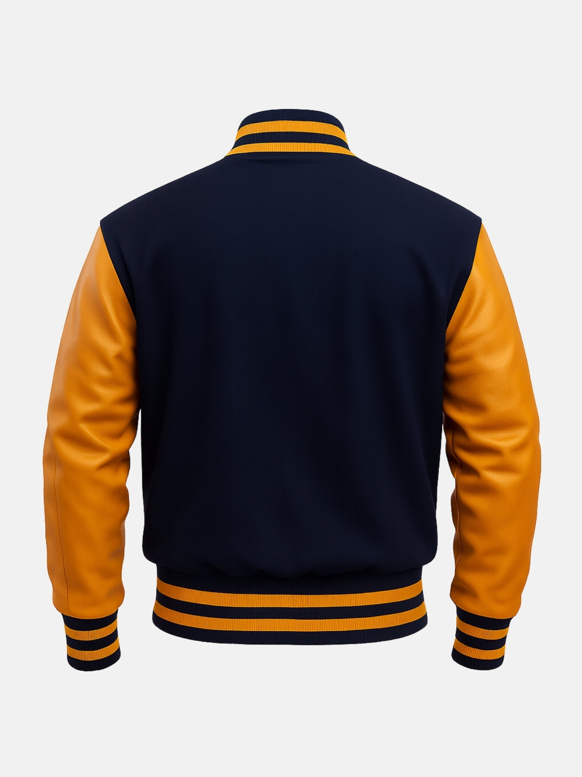 Blank back panel of navy wool letterman jacket for monogramming or custom back patches
