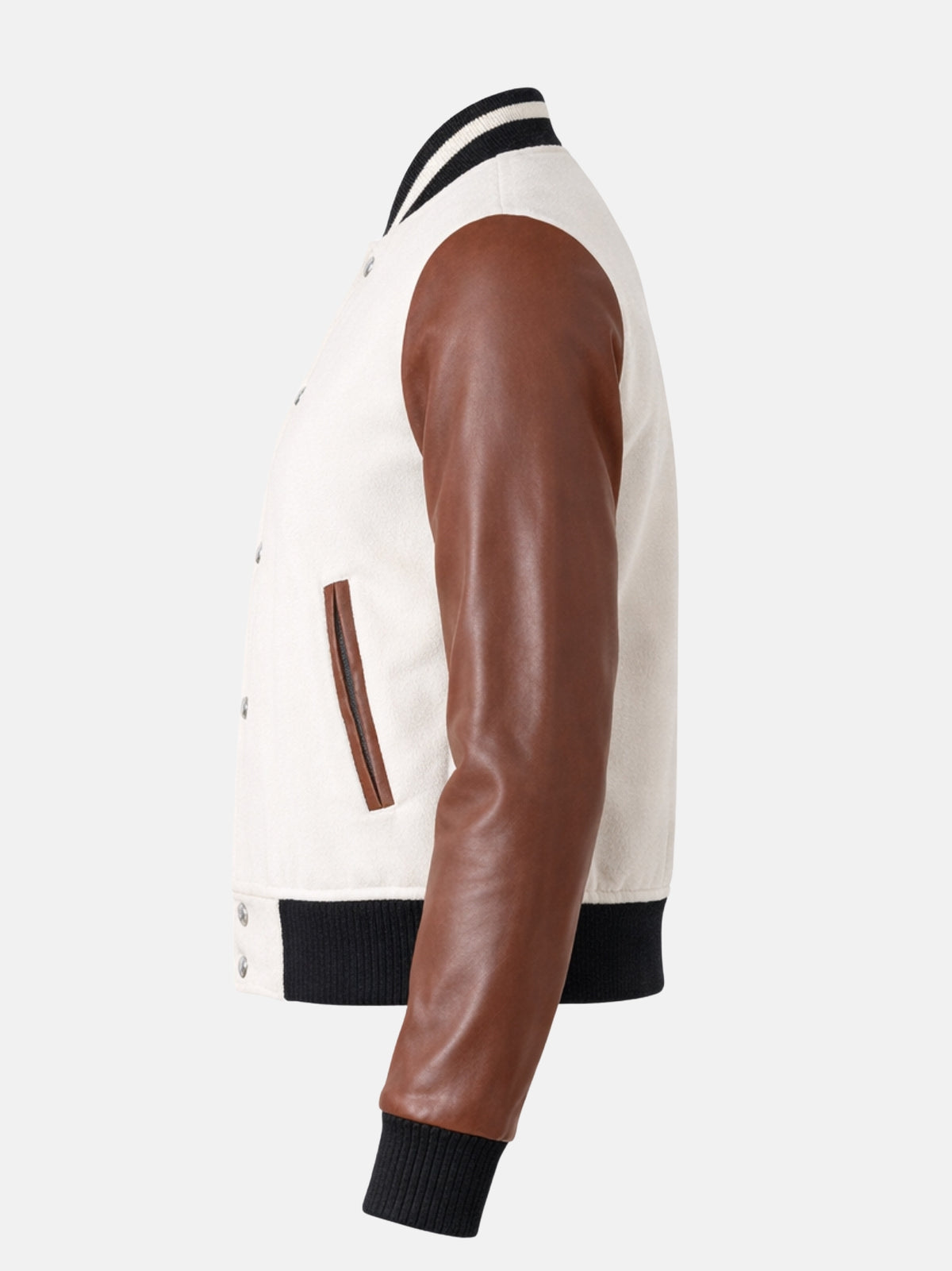 Side view of off-white and brown varsity jacket with black striped rib cuffs