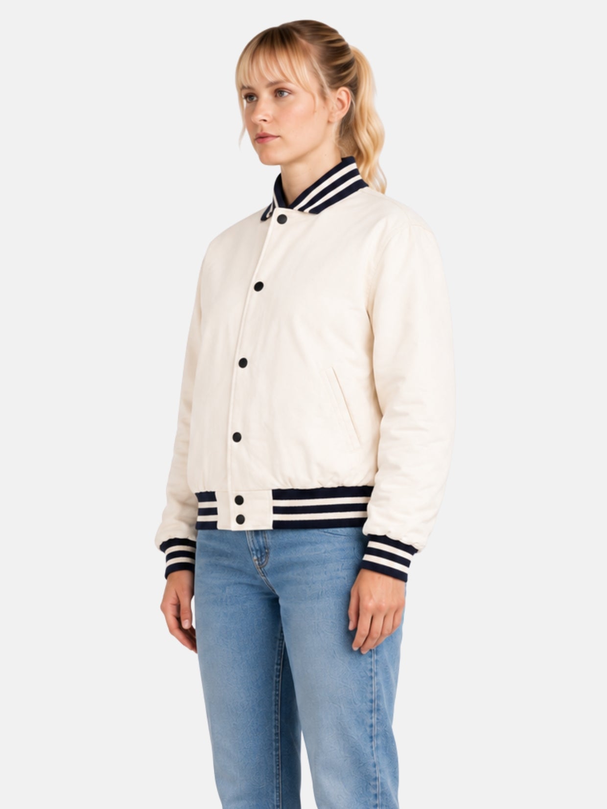 Off White Varsity Womens, Navy Rib Trim