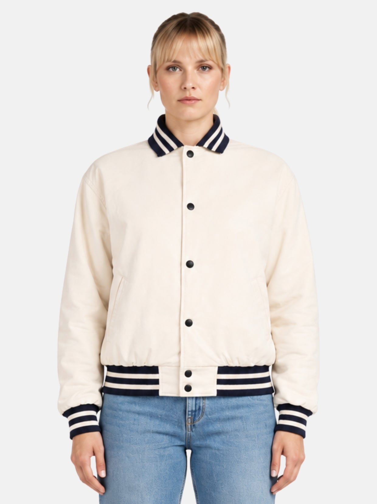 Off White Varsity Womens, Navy Rib Trim