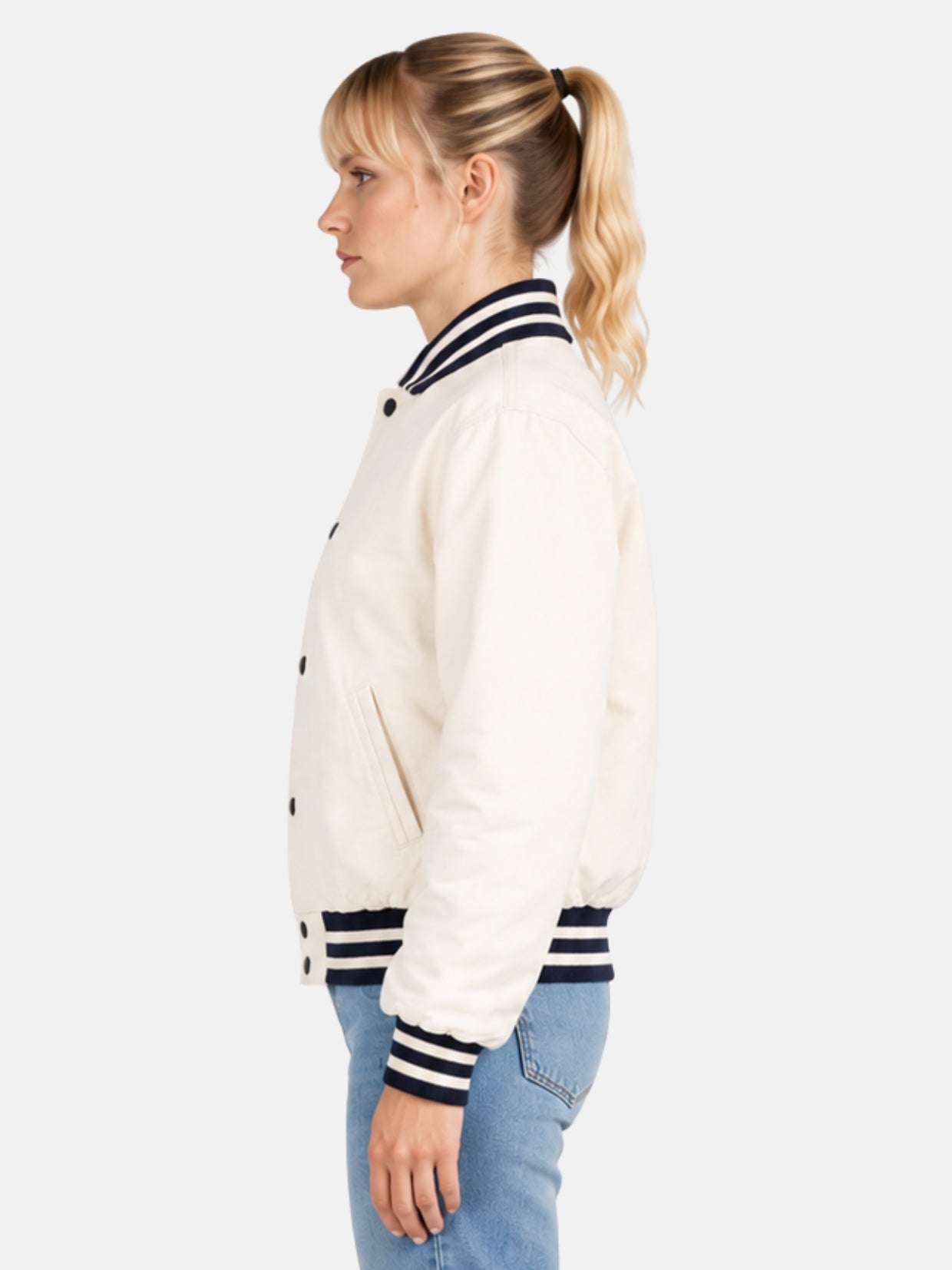 Off White Varsity Womens, Navy Rib Trim