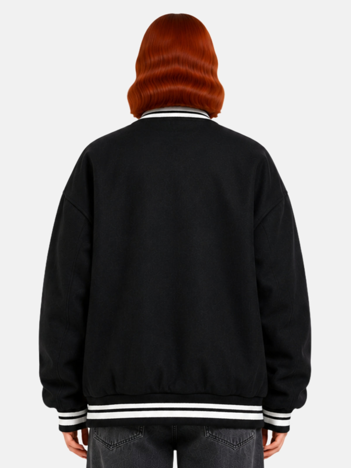 Back view of oversized black wool varsity jacket with white ribbed trim