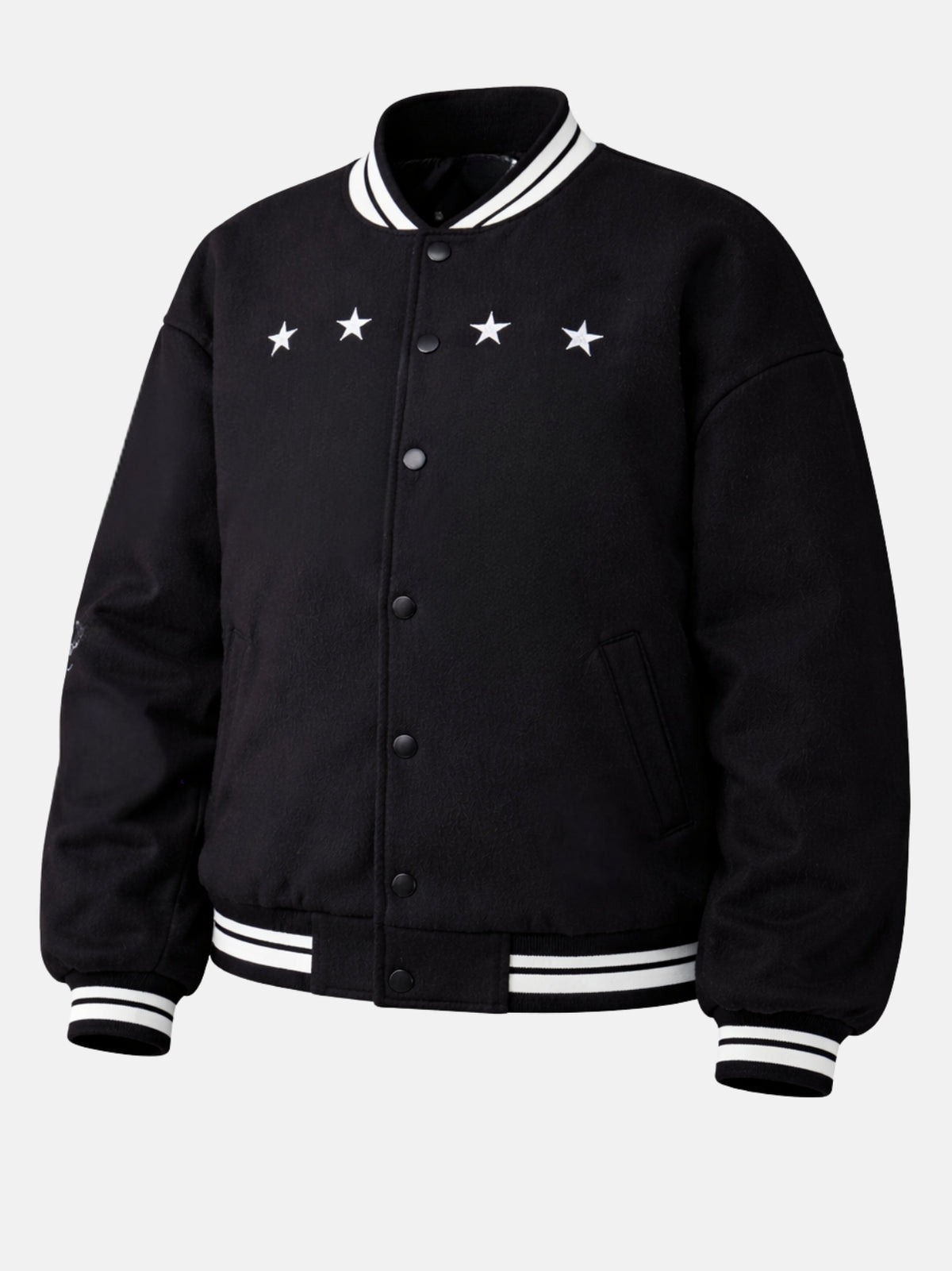 Flat lay front of black wool varsity jacket highlighting star embroidery detail