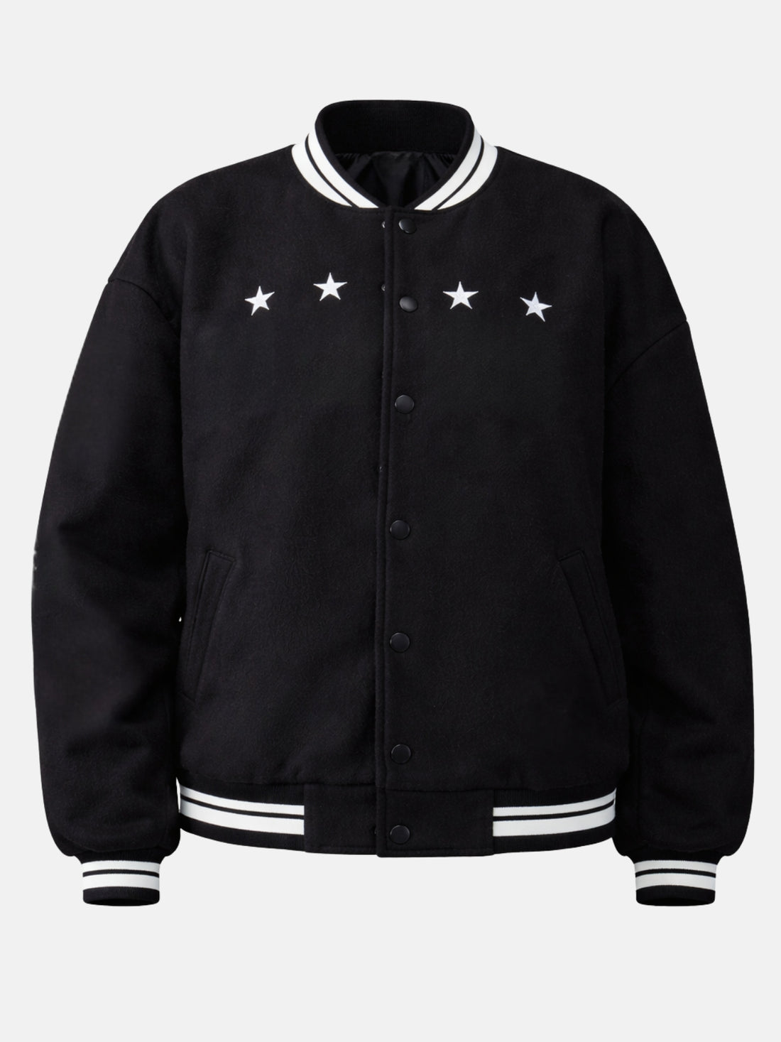 Oversized black wool varsity jacket with white star embroidery across the chestc