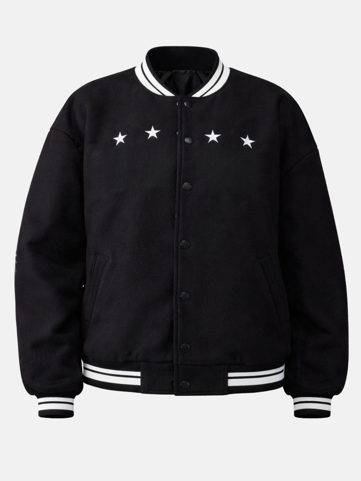 Flat lay of black varsity jacket with four embroidered white stars across the chest