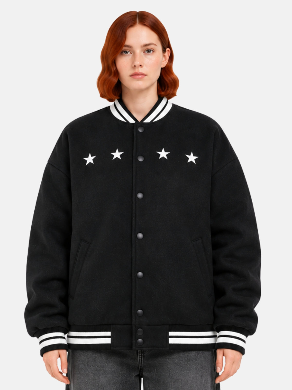 Oversized black wool varsity jacket with white star embroidery across the chestc