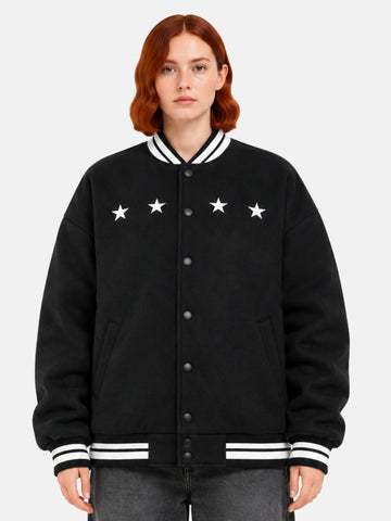 Oversized black wool varsity jacket with white star embroidery across the chestc