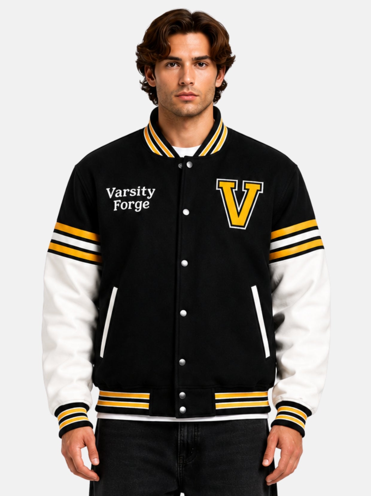 Man wearing oversized black varsity jacket with gold chenille V patch and white leather sleeves