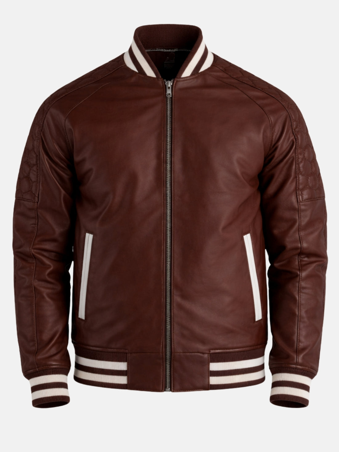 Man wearing maroon leather varsity jacket with white striped collar and silver zip