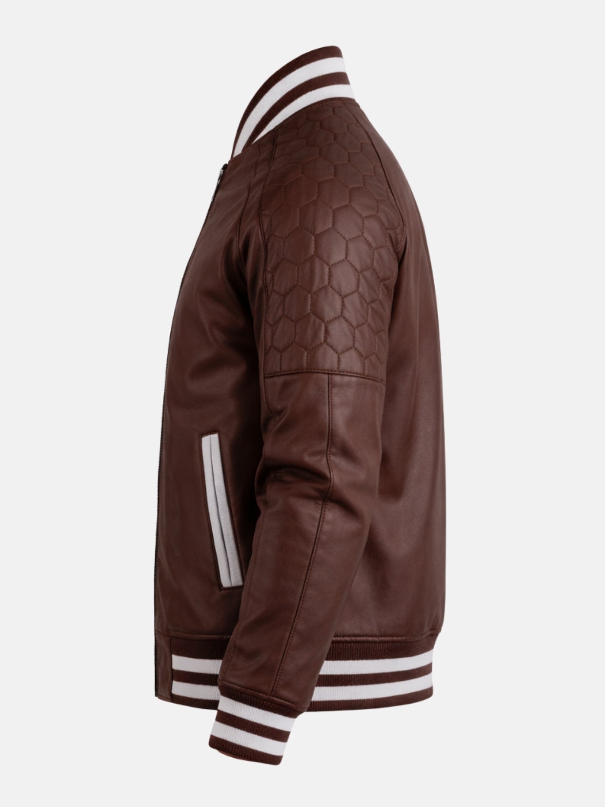 Honeycomb quilted shoulder on oxblood leather varsity jacket, side view