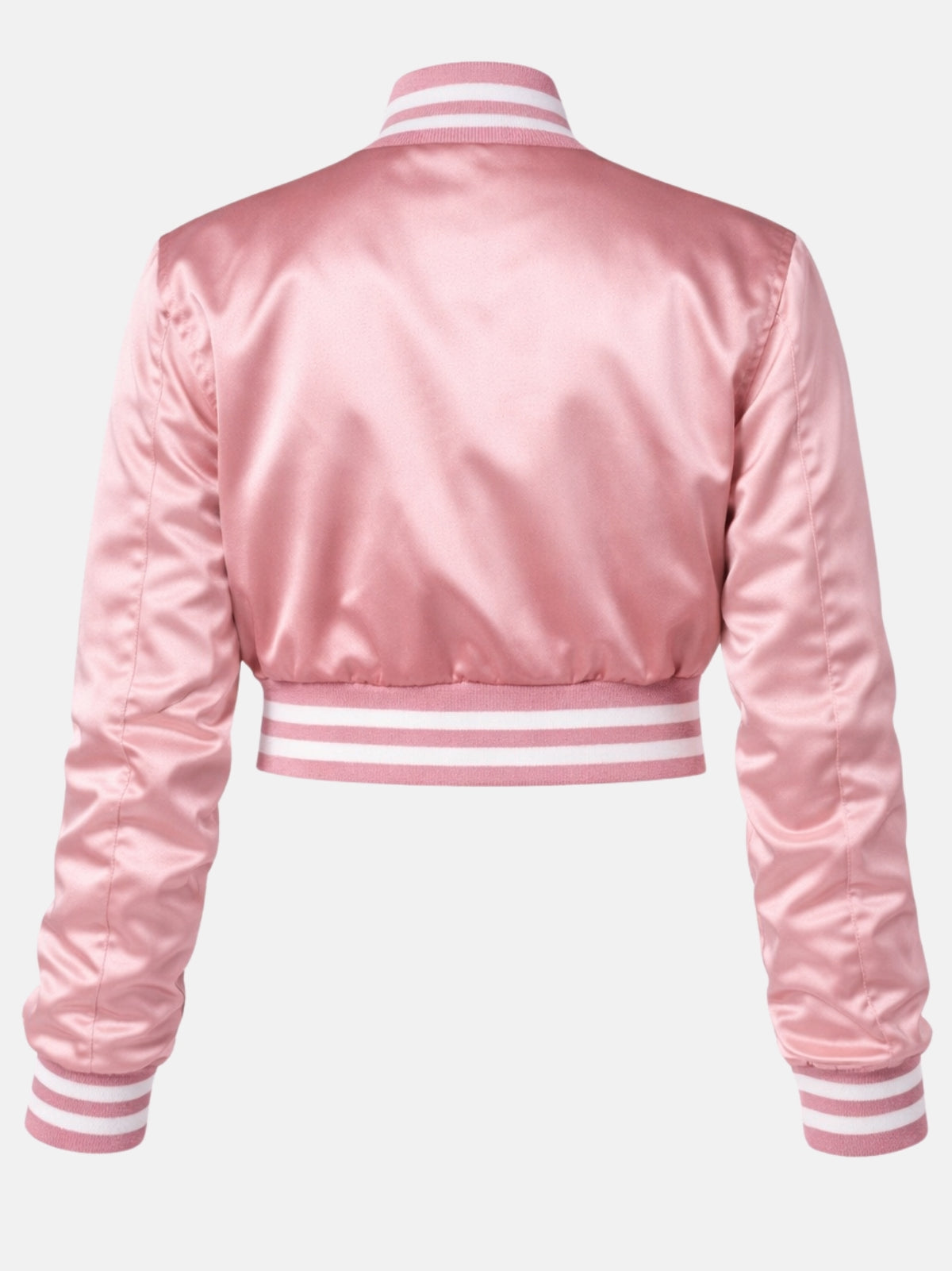 Flat lay, back, uninterrupted pink satin panel with soft light reflection across the shoulders