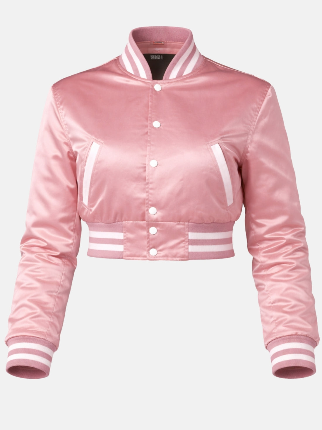 Model in pink satin varsity jacket, top snaps open over a white crop top