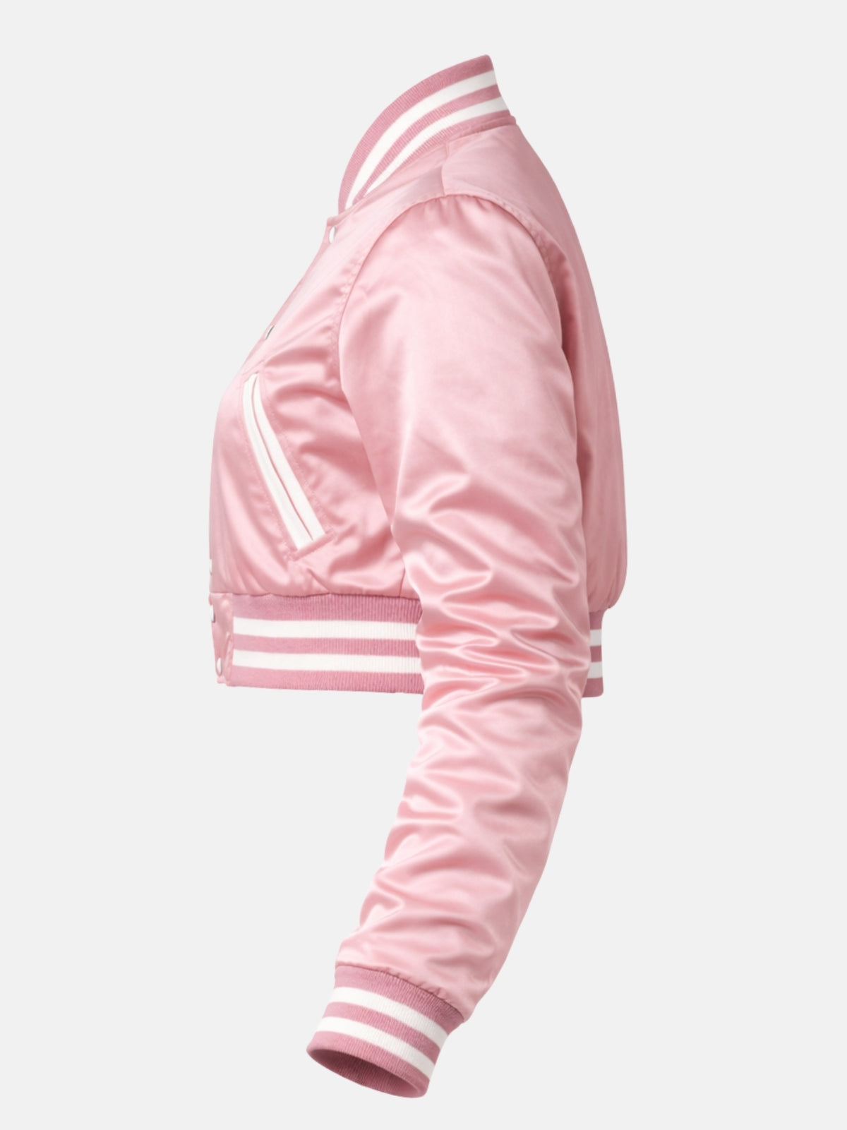 Flat lay, straight side profile, sleeve extended showing the satin's drape from shoulder to hem