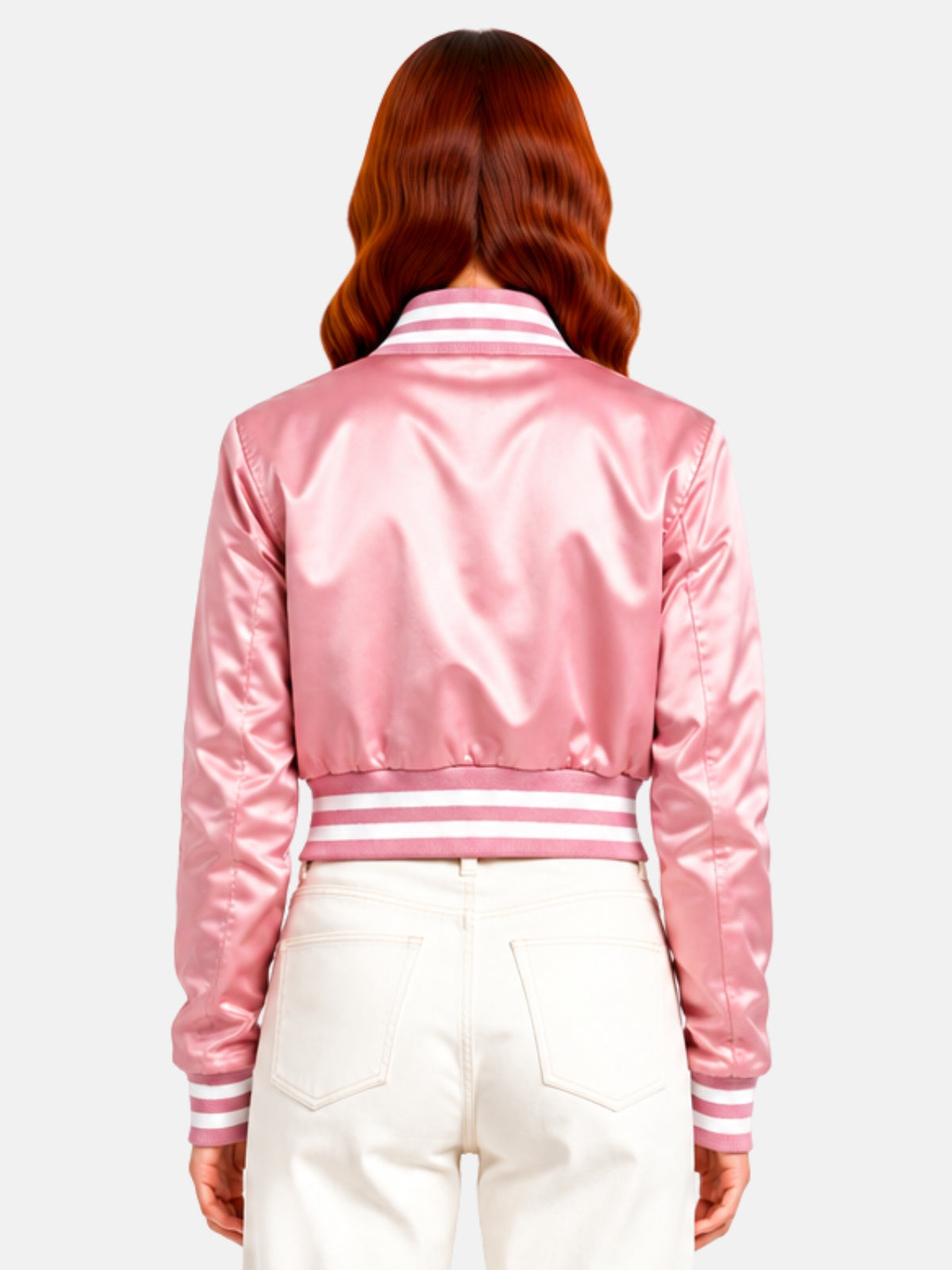 Back view of model showing the solid pink satin panel and ribbed waistband stripe