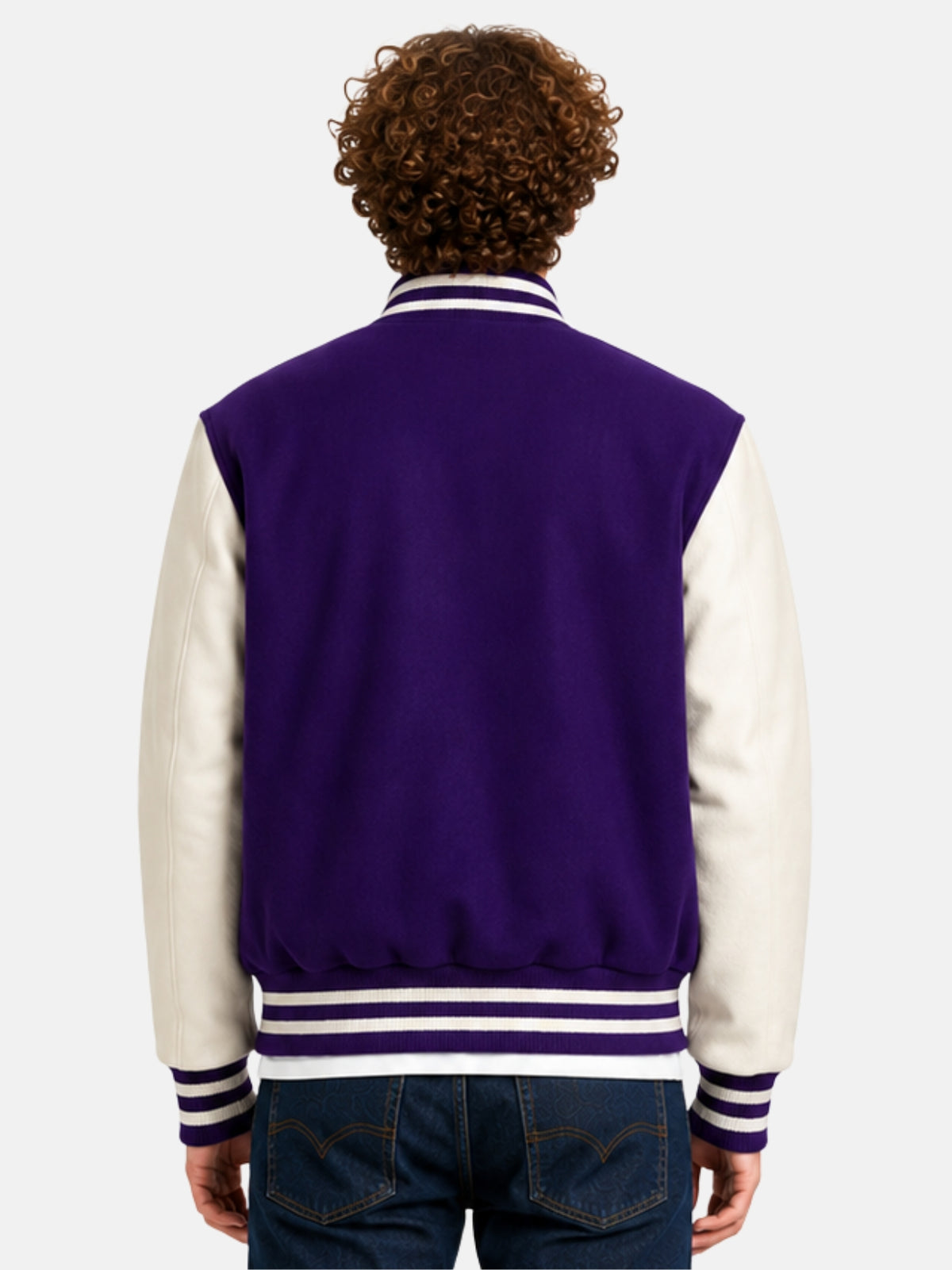 Back view of purple and white varsity jacket with clean, patch-free back panel