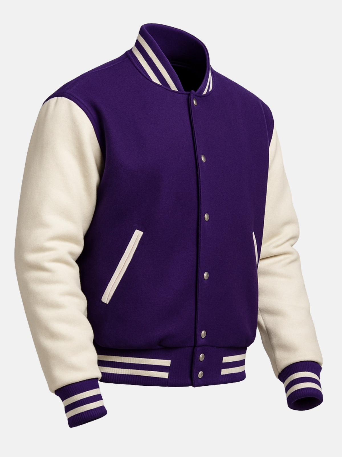 Angled front view of purple and white varsity jacket with snap placket and hem tab
