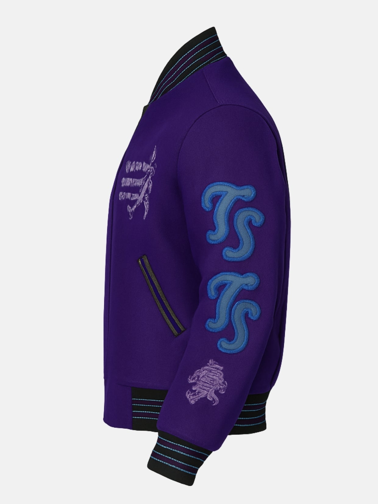 Side flat view of purple embroidered wool jacket with pinstriped ribbing