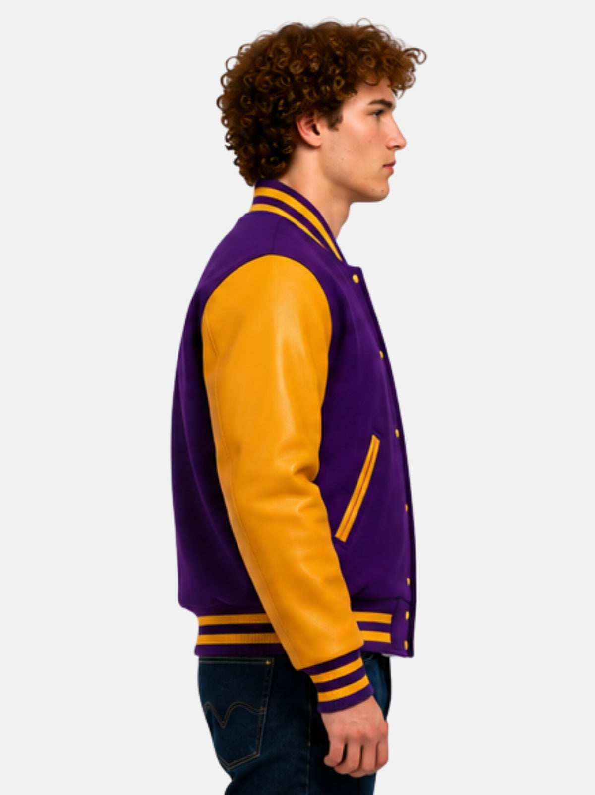 Side profile of purple wool baseball-collar jacket with gold leather sleeve on model
