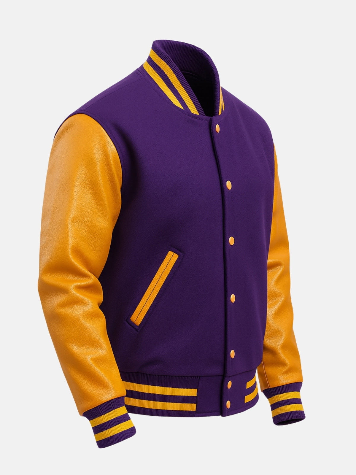 Angled view of purple college jacket with gold snap placket and piped welt pocket