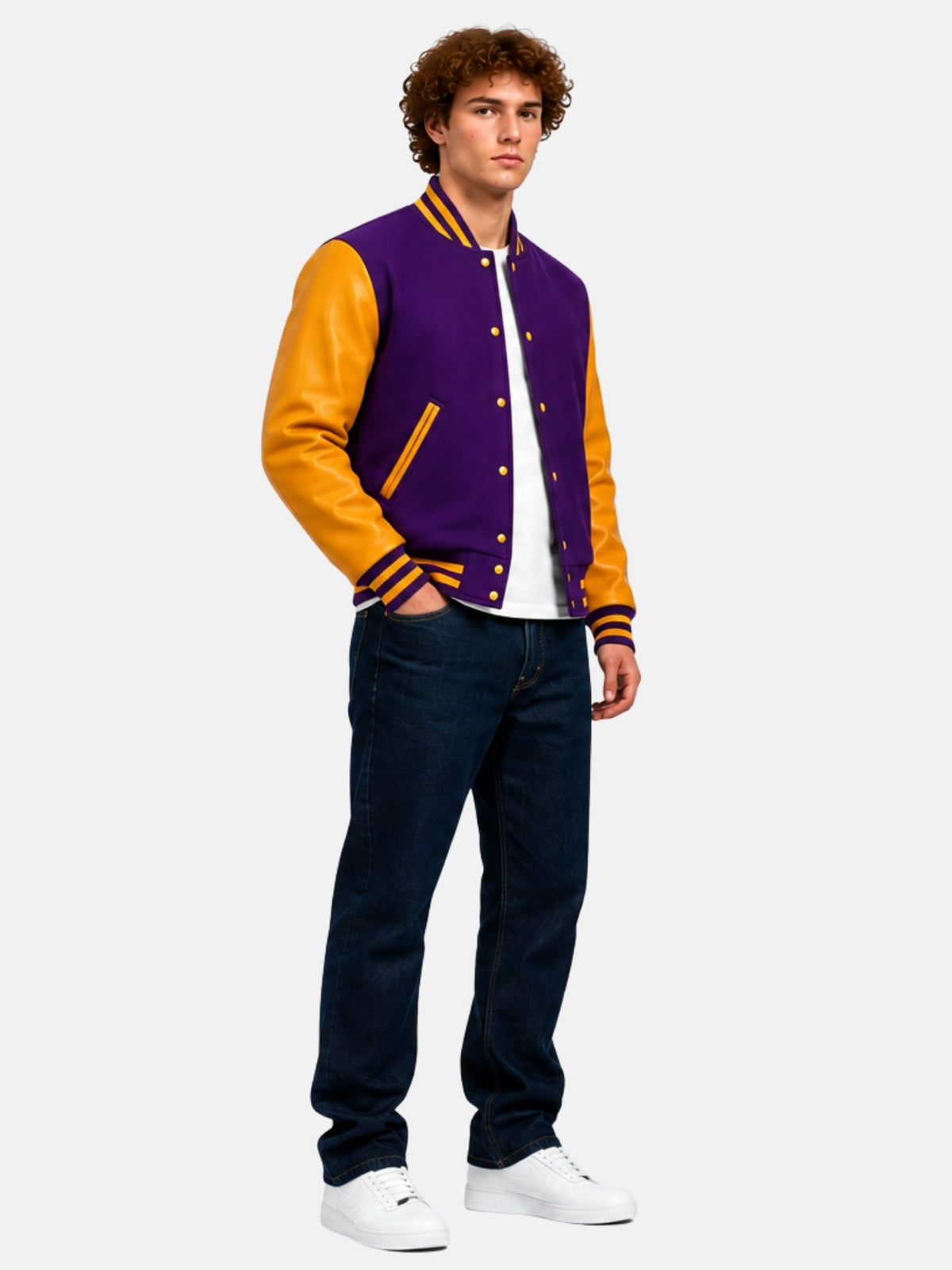 Full-length outfit with purple and gold letterman jacket, dark jeans and white sneakers