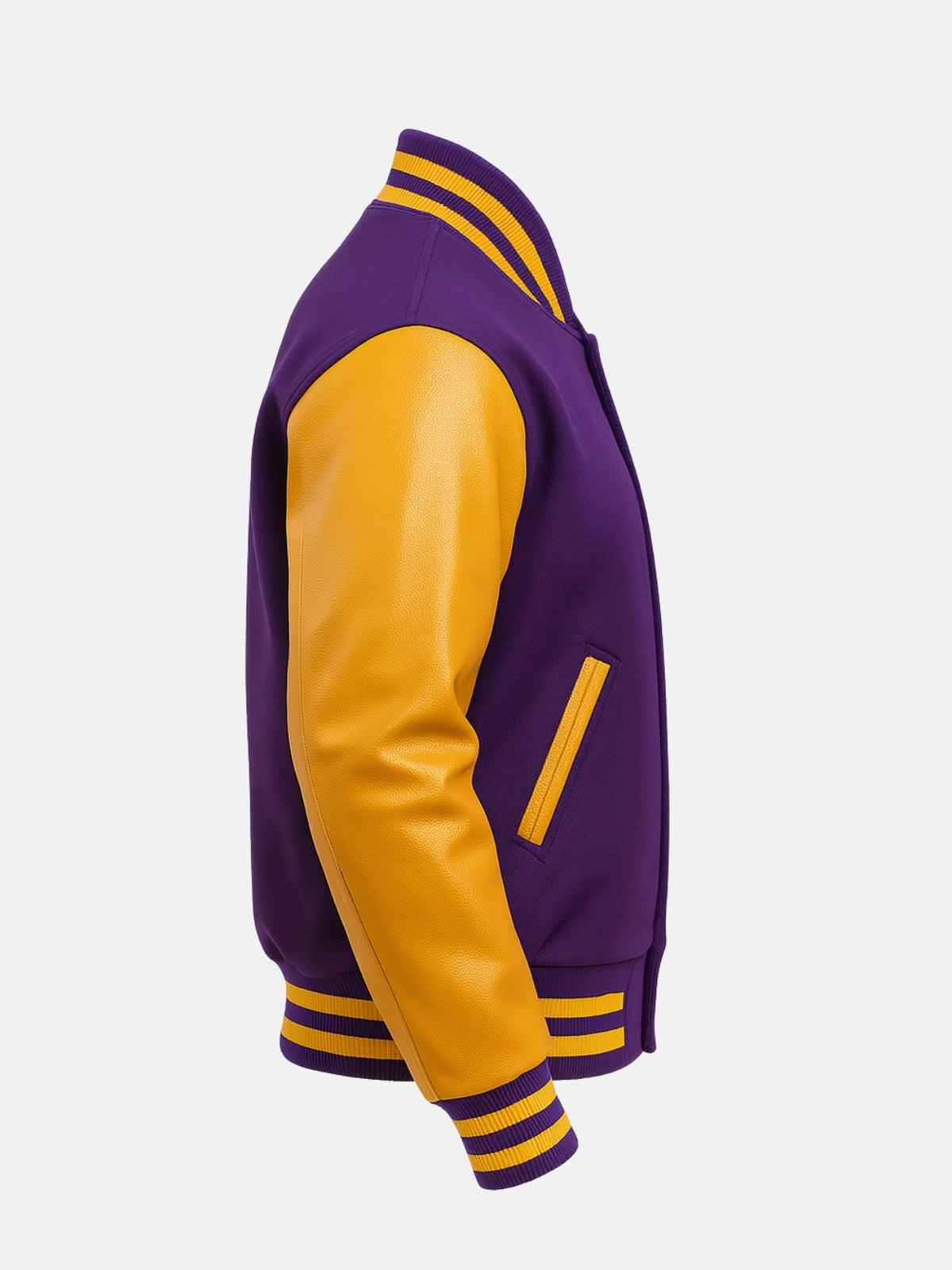 Gold-piped welt pocket on purple melton wool varsity jacket, side profile