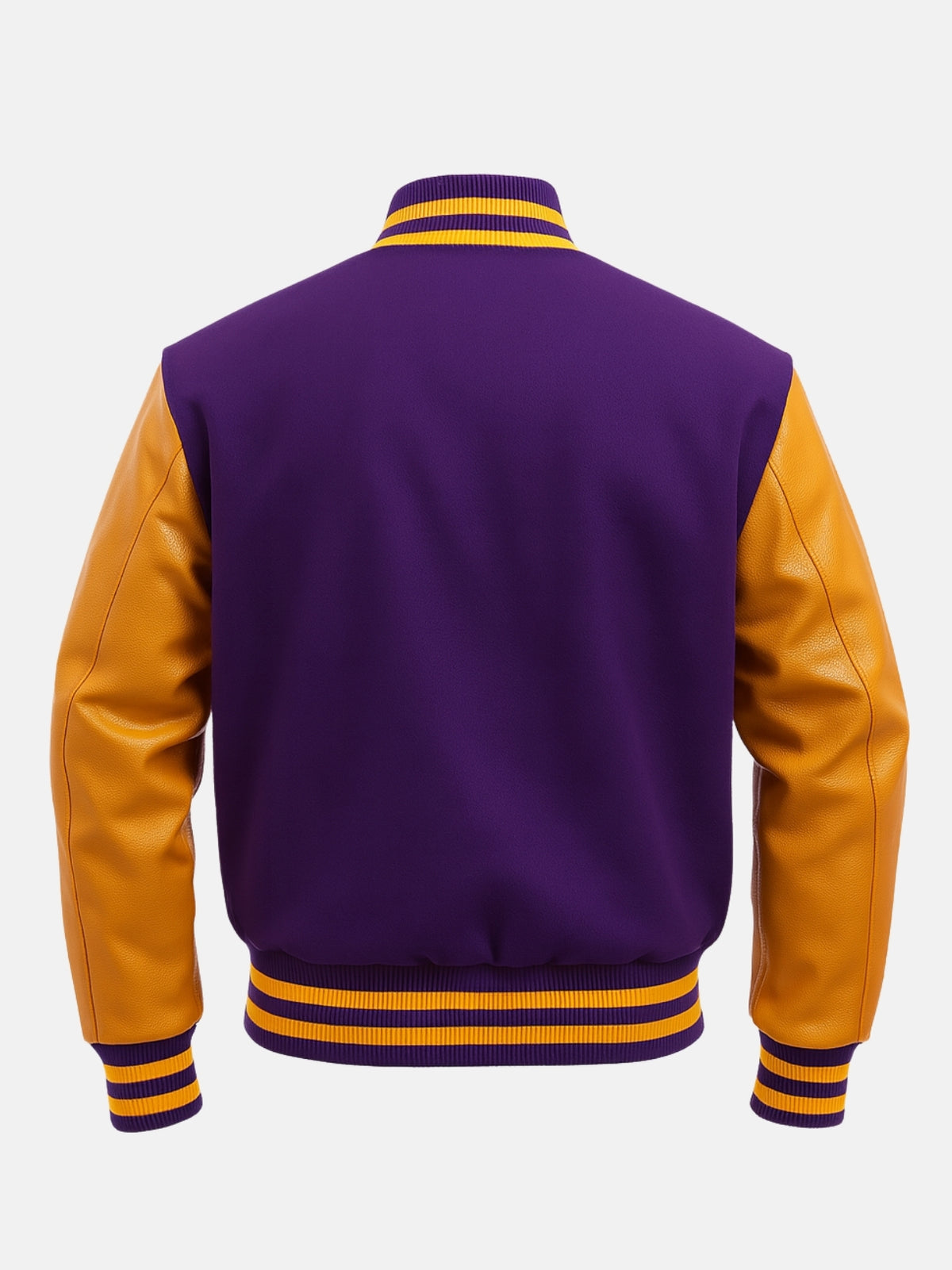 Blank purple back of varsity jacket with gold leather sleeves, ready for custom patches