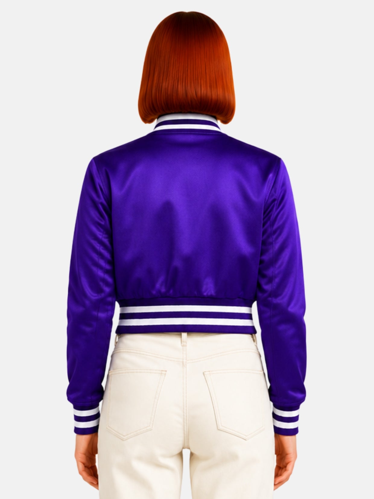 Back view of cropped purple satin bomber with striped ribbed hem