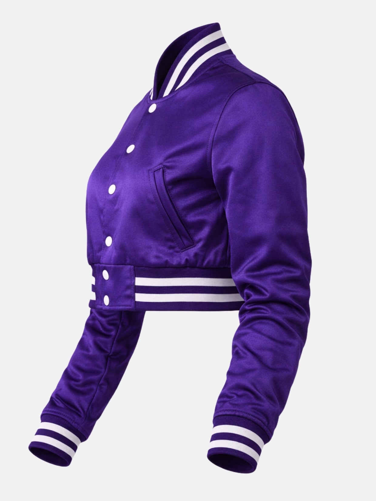 Three-quarter flat lay of purple and white ribbed collar and shoulder