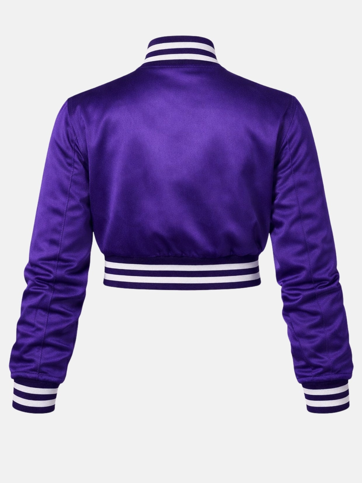 Flat lay back view showing purple satin sheen and ribbed waistband